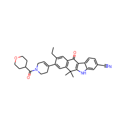 CCc1cc2c(cc1C1=CCN(C(=O)C3CCOCC3)CC1)C(C)(C)c1[nH]c3cc(C#N)ccc3c1C2=O ZINC000653765507