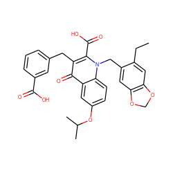 CCc1cc2c(cc1Cn1c(C(=O)O)c(Cc3cccc(C(=O)O)c3)c(=O)c3cc(OC(C)C)ccc31)OCO2 ZINC000064527147