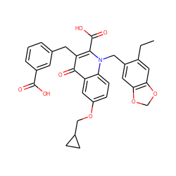 CCc1cc2c(cc1Cn1c(C(=O)O)c(Cc3cccc(C(=O)O)c3)c(=O)c3cc(OCC4CC4)ccc31)OCO2 ZINC000064539279