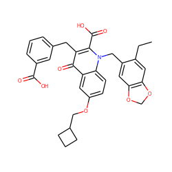 CCc1cc2c(cc1Cn1c(C(=O)O)c(Cc3cccc(C(=O)O)c3)c(=O)c3cc(OCC4CCC4)ccc31)OCO2 ZINC001772619880