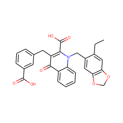 CCc1cc2c(cc1Cn1c(C(=O)O)c(Cc3cccc(C(=O)O)c3)c(=O)c3ccccc31)OCO2 ZINC000001490514