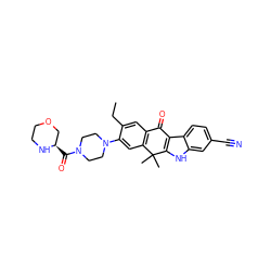 CCc1cc2c(cc1N1CCN(C(=O)[C@@H]3COCCN3)CC1)C(C)(C)c1[nH]c3cc(C#N)ccc3c1C2=O ZINC000653762726