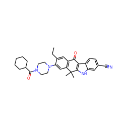 CCc1cc2c(cc1N1CCN(C(=O)C3CCCCC3)CC1)C(C)(C)c1[nH]c3cc(C#N)ccc3c1C2=O ZINC000116890479