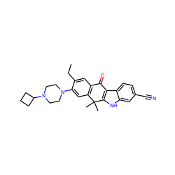 CCc1cc2c(cc1N1CCN(C3CCC3)CC1)C(C)(C)c1[nH]c3cc(C#N)ccc3c1C2=O ZINC000073221165