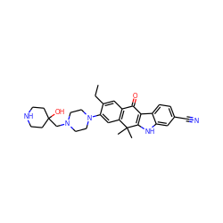 CCc1cc2c(cc1N1CCN(CC3(O)CCNCC3)CC1)C(C)(C)c1[nH]c3cc(C#N)ccc3c1C2=O ZINC001772601850