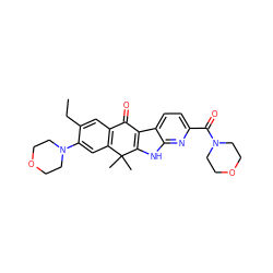 CCc1cc2c(cc1N1CCOCC1)C(C)(C)c1[nH]c3nc(C(=O)N4CCOCC4)ccc3c1C2=O ZINC000114803048