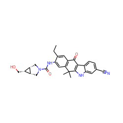 CCc1cc2c(cc1NC(=O)N1C[C@@H]3[C@H](CO)[C@@H]3C1)C(C)(C)c1[nH]c3cc(C#N)ccc3c1C2=O ZINC000653768956