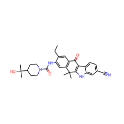 CCc1cc2c(cc1NC(=O)N1CCC(C(C)(C)O)CC1)C(C)(C)c1[nH]c3cc(C#N)ccc3c1C2=O ZINC000653768949