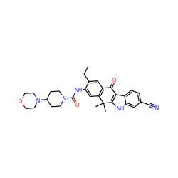 CCc1cc2c(cc1NC(=O)N1CCC(N3CCOCC3)CC1)C(C)(C)c1[nH]c3cc(C#N)ccc3c1C2=O ZINC000653767941