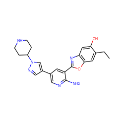 CCc1cc2oc(-c3cc(-c4cnn(C5CCNCC5)c4)cnc3N)nc2cc1O ZINC000084652937