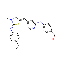 CCc1ccc(/N=C2\S/C(=C\c3ccnc(Nc4ccc(CO)cc4)c3)C(=O)N2C)cc1 ZINC001772597830