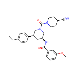 CCc1ccc([C@@H]2C[C@H](NC(=O)c3cccc(OC)c3)CN(C(=O)N3CCC(C#N)CC3)C2)cc1 ZINC000068246391