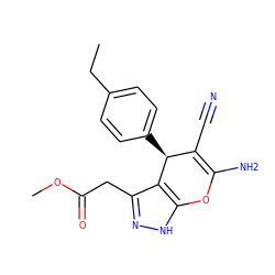 CCc1ccc([C@H]2C(C#N)=C(N)Oc3[nH]nc(CC(=O)OC)c32)cc1 ZINC000008680781