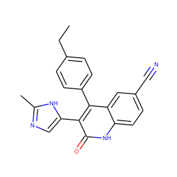 CCc1ccc(-c2c(-c3cnc(C)[nH]3)c(=O)[nH]c3ccc(C#N)cc23)cc1 ZINC000029126150