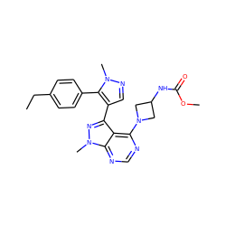 CCc1ccc(-c2c(-c3nn(C)c4ncnc(N5CC(NC(=O)OC)C5)c34)cnn2C)cc1 ZINC000169706083