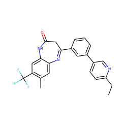 CCc1ccc(-c2cccc(C3=Nc4cc(C)c(C(F)(F)F)cc4NC(=O)C3)c2)cn1 ZINC000101383322