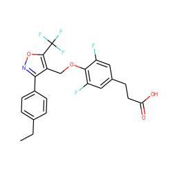 CCc1ccc(-c2noc(C(F)(F)F)c2COc2c(F)cc(CCC(=O)O)cc2F)cc1 ZINC001772579374