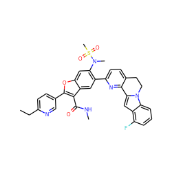 CCc1ccc(-c2oc3cc(N(C)S(C)(=O)=O)c(-c4ccc5c(n4)-c4cc6c(F)cccc6n4CC5)cc3c2C(=O)NC)cn1 ZINC000212193160