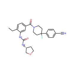 CCc1ccc(C(=O)N2CCC(F)(c3ccc(C#N)cc3)CC2)cc1NC(=O)N[C@@H]1CCOC1 ZINC000150191258