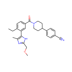 CCc1ccc(C(=O)N2CCC(c3ccc(C#N)cc3)CC2)cc1-c1[nH]c(COC)nc1C ZINC000141913923