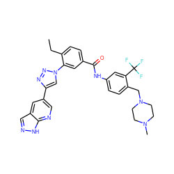 CCc1ccc(C(=O)Nc2ccc(CN3CCN(C)CC3)c(C(F)(F)F)c2)cc1-n1cc(-c2cnc3[nH]ncc3c2)nn1 ZINC000095574427