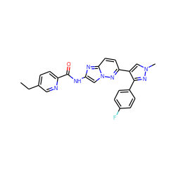 CCc1ccc(C(=O)Nc2cn3nc(-c4cn(C)nc4-c4ccc(F)cc4)ccc3n2)nc1 ZINC001772585049