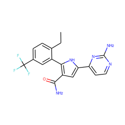 CCc1ccc(C(F)(F)F)cc1-c1[nH]c(-c2ccnc(N)n2)cc1C(N)=O ZINC000142766769