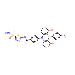 CCc1ccc(C2C3=C(CCCC3=O)N(c3ccc(C(=O)Nc4nnc(S(N)(=O)=O)s4)cc3)C3=C2C(=O)CCC3)cc1 ZINC000653873502