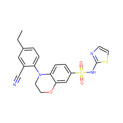 CCc1ccc(N2CCOc3cc(S(=O)(=O)Nc4nccs4)ccc32)c(C#N)c1 ZINC000220220703