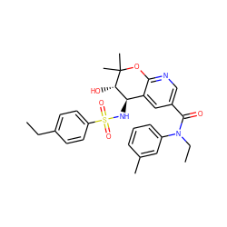 CCc1ccc(S(=O)(=O)N[C@@H]2c3cc(C(=O)N(CC)c4cccc(C)c4)cnc3OC(C)(C)[C@H]2O)cc1 ZINC000029055547