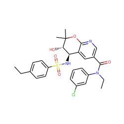 CCc1ccc(S(=O)(=O)N[C@@H]2c3cc(C(=O)N(CC)c4cccc(Cl)c4)cnc3OC(C)(C)[C@H]2O)cc1 ZINC000029055610