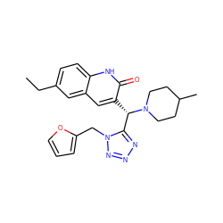 CCc1ccc2[nH]c(=O)c([C@@H](c3nnnn3Cc3ccco3)N3CCC(C)CC3)cc2c1 ZINC000001382494