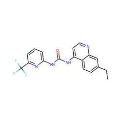 CCc1ccc2c(NC(=O)Nc3cccc(C(F)(F)F)n3)ccnc2c1 ZINC000063540310