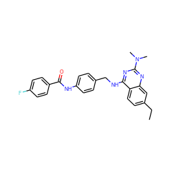 CCc1ccc2c(NCc3ccc(NC(=O)c4ccc(F)cc4)cc3)nc(N(C)C)nc2c1 ZINC000045254756