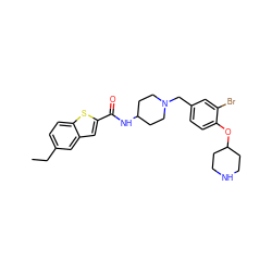 CCc1ccc2sc(C(=O)NC3CCN(Cc4ccc(OC5CCNCC5)c(Br)c4)CC3)cc2c1 ZINC001772613193