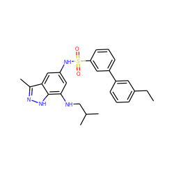 CCc1cccc(-c2cccc(S(=O)(=O)Nc3cc(NCC(C)C)c4[nH]nc(C)c4c3)c2)c1 ZINC000013531429