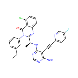 CCc1cccc(-n2c([C@H](C)Nc3ncnc(N)c3C#Cc3ccc(F)cn3)nc3cccc(Cl)c3c2=O)c1 ZINC000219094861