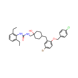 CCc1cccc(CC)c1NC(=O)NCC1(O)CCC(Cc2cc(Br)ccc2OCc2ccc(Cl)cc2)CC1 ZINC000103193332