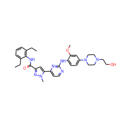 CCc1cccc(CC)c1NC(=O)c1cc(-c2ccnc(Nc3ccc(N4CCN(CCO)CC4)cc3OC)n2)n(C)n1 ZINC000203776289