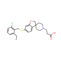 CCc1cccc(Cl)c1CSc1ccc2c(c1)OCC21CCN(CCC(=O)O)CC1 ZINC000113579492