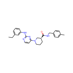 CCc1cccc(Nc2nccc(N3CCC[C@H](C(=O)NCc4ccc(C)cc4)C3)n2)c1 ZINC000084620094