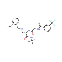 CCc1ccccc1CNC[C@H](NC(=O)CNC(=O)c1cccc(C(F)(F)F)c1)C(=O)NC(C)(C)C ZINC000028952390