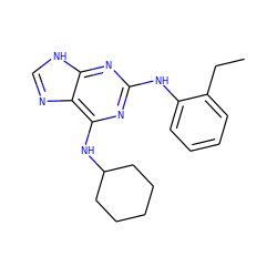 CCc1ccccc1Nc1nc(NC2CCCCC2)c2nc[nH]c2n1 ZINC000028460320