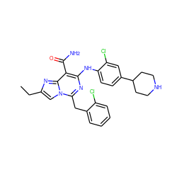 CCc1cn2c(Cc3ccccc3Cl)nc(Nc3ccc(C4CCNCC4)cc3Cl)c(C(N)=O)c2n1 ZINC000200873185