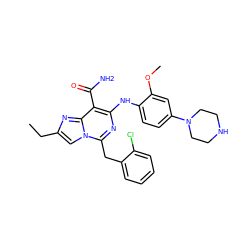 CCc1cn2c(Cc3ccccc3Cl)nc(Nc3ccc(N4CCNCC4)cc3OC)c(C(N)=O)c2n1 ZINC000200873142