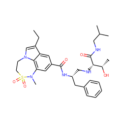 CCc1cn2c3c(cc(C(=O)N[C@H](CN[C@H](C(=O)NCC(C)C)[C@H](C)O)Cc4ccccc4)cc13)N(C)S(=O)(=O)CC2 ZINC000095573383