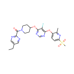 CCc1cnc(C(=O)N2CCC(Oc3ncnc(Oc4ccc(S(C)(=O)=O)nc4C)c3F)CC2)nc1 ZINC000299833285