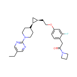 CCc1cnc(N2CCC([C@H]3C[C@H]3CCOc3ccc(CC(=O)N4CCC4)c(F)c3)CC2)nc1 ZINC000221396355