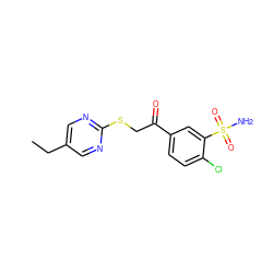 CCc1cnc(SCC(=O)c2ccc(Cl)c(S(N)(=O)=O)c2)nc1 ZINC000084632709