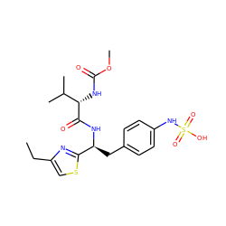 CCc1csc([C@H](Cc2ccc(NS(=O)(=O)O)cc2)NC(=O)[C@@H](NC(=O)OC)C(C)C)n1 ZINC000114389662